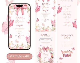 Invitación digital para baby shower "Baby in Bloom" con enlace para confirmar asistencia, invitación con lazo rosa floral para niña, plantilla editable de Canva para invitación de bebé con mariposas.