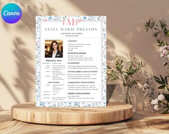 Plantilla de currículum para hermandad con foto Currículum para hermandad A 4 y US Carta de presentación tamaño carta, estampado floral femenino verde rosa Graduación 2026 Currículum PNM