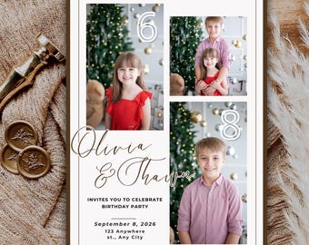 Minimalist Boho Siblings Birthday Photo Invitation, Editable Canva Template
