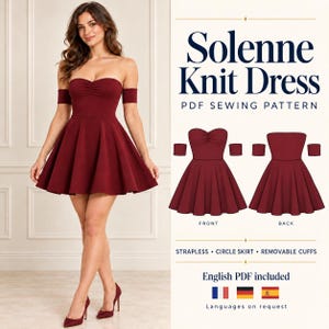 May include: A deep red knit dress with a strapless bodice, a gathered sweetheart neckline, and a flared circle skirt. The design includes separate removable arm cuffs. Text reads Solenne Knit Dress PDF SEWING PATTERN, STRAPLESS, CIRCLE SKIRT, REMOVABLE CUFFS, English PDF included.