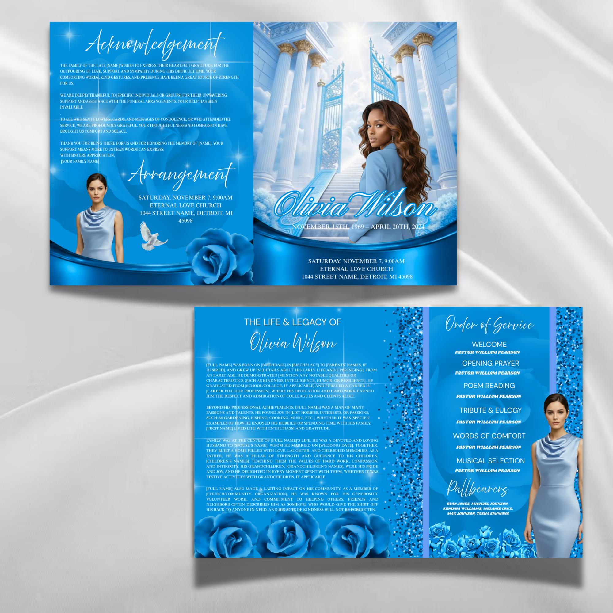 Ocean Blue Roses Funeral Program Template, 8-page Obituary (canva ...