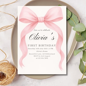 Rosa Schleifen-Einladung zum 1. Geburtstag: elegantes Thema (Canva Template PDF)