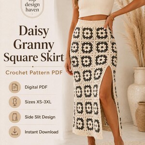 May include: A crochet skirt featuring a repeating granny square pattern in cream and dark gray. The skirt has a high-waisted fit and a long side slit. Text on the image reads: top design haven, Daisy Granny Square Skirt, Crochet Pattern PDF.