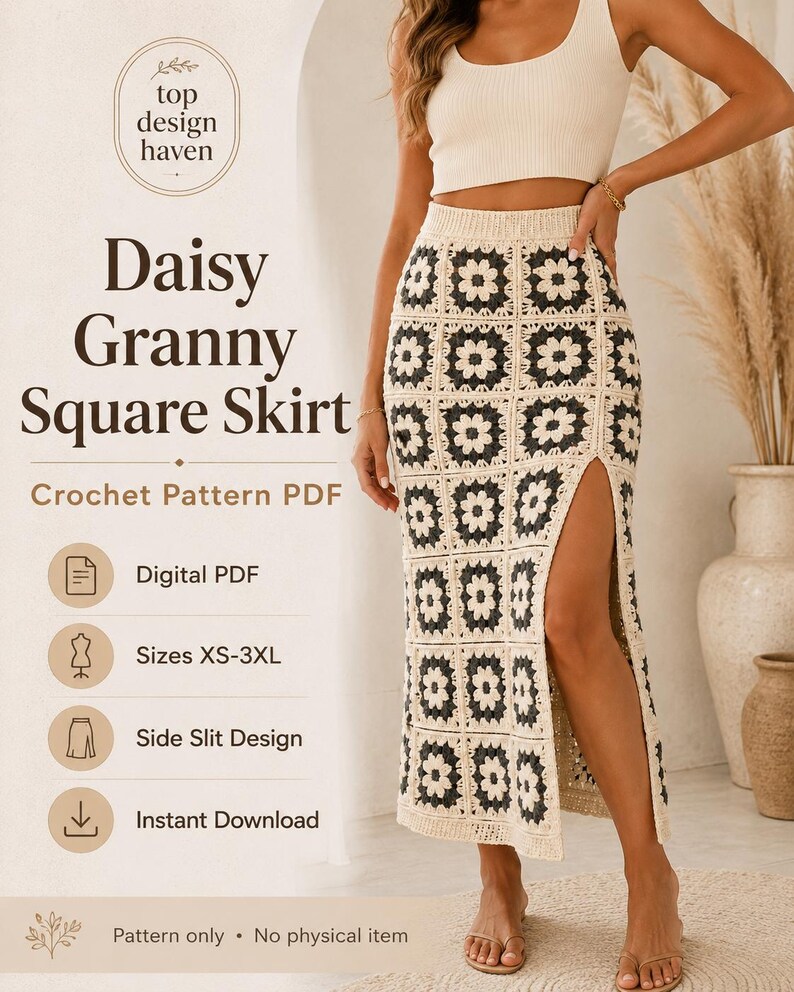 May include: A crochet skirt featuring a repeating granny square pattern in cream and dark gray. The skirt has a high-waisted fit and a long side slit. Text on the image reads: top design haven, Daisy Granny Square Skirt, Crochet Pattern PDF.