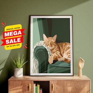 Sleeping Ginger Cat on Cozy Green Couch | Digitally-Download Arte Fully Decor | Catful Artwork Gifts-for Cat Lovere | Pet Lovers Gifte gift