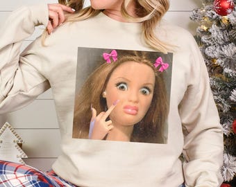 Distressed Doll Face Meme Sweatshirt, Viral Internet Cringy Sarcastic Disgusted Graphic Crewneck 386078