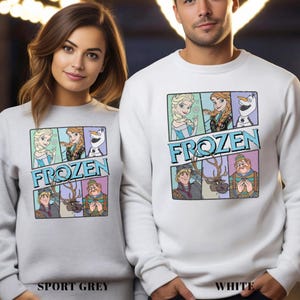 May include: Sport grey and white sweatshirts featuring a colorful graphic from the movie Frozen. The graphic includes images of Elsa, Anna, Olaf, Kristoff, Sven, and Hans. The word "FROZEN" is printed in blue block letters.