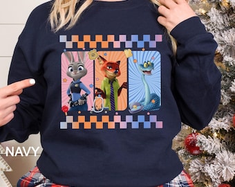 Retro Checkered Disney Zootopia 2 Sweatshirt, Judy Hopps Nick Wilde Gary De'Snake Hoodie 384500