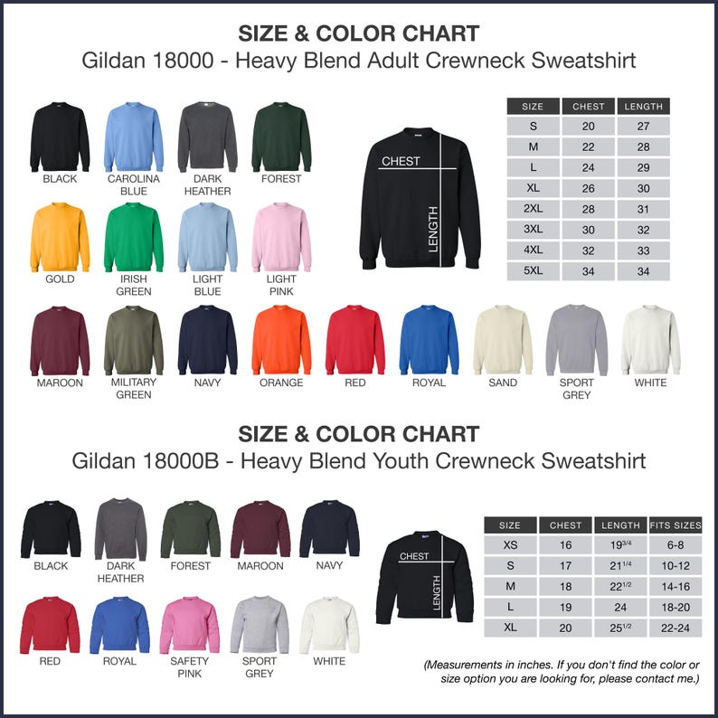 a chart showing the size and color of sweatshirts