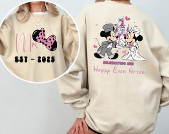 Disney Mrs And Mr Sweatshirt, 2-Sided Mickey Minnie Couple Happy Ever After Wedding Hoodie, Just Married Honeymoon Matching Crewneck, 383526