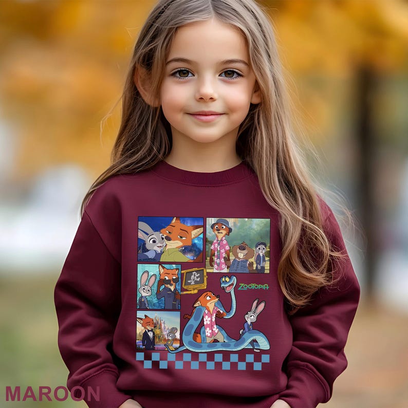 May include: A maroon long-sleeve sweatshirt featuring a graphic print of Zootopia characters including Judy Hopps and Nick Wilde in various scenes, with the Zootopia logo and a blue and white checkered pattern along the bottom edge of the design.