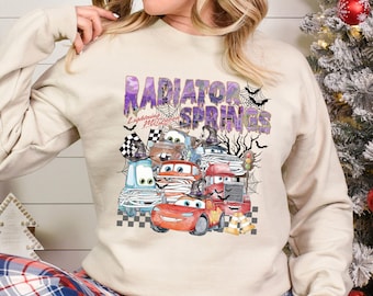 Spooky Radiator Springs Cars Sweatshirt, Vintage Lightning McQueen Tow Mater Crewneck 383921