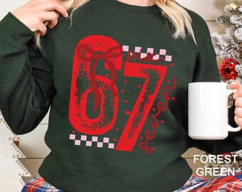 Checkered Six Seven Coquette Bow Sweatshirt, Matching Valentines Day 67 Bow Viral Hoodie 384564