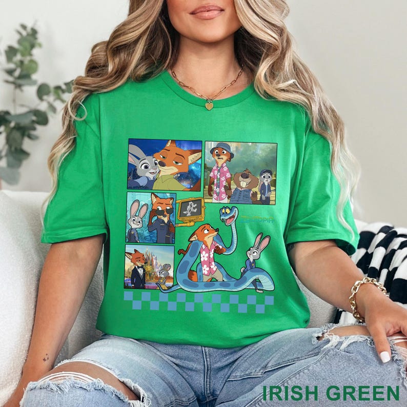 Pu&ograve; includere: T-shirt verde irlandese con una grafica a fumetti colorata di personaggi dei cartoni animati. Il design include una volpe, un coniglio e altri personaggi. Il testo "IRISH GREEN" &egrave; stampato in basso sulla maglietta.