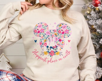 Mickey Minnie Floral Castle Sweatshirt, Happiest Place On Earth Hoodie 383025