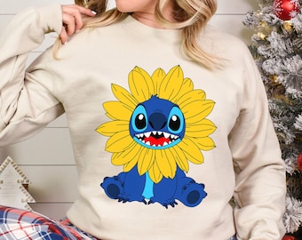 Disney Stitch Sunflower Sweatshirt, Disneyland Family Trip Floral Crewneck 383548