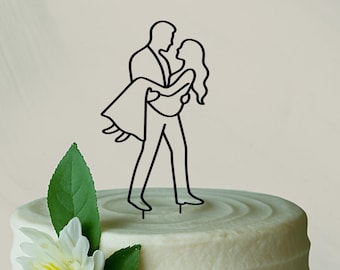Figura de pareja para la tarta nupcial - Boda minimalista - El más vendido - El novio cargando a la novia - Adorno para tarta de boda