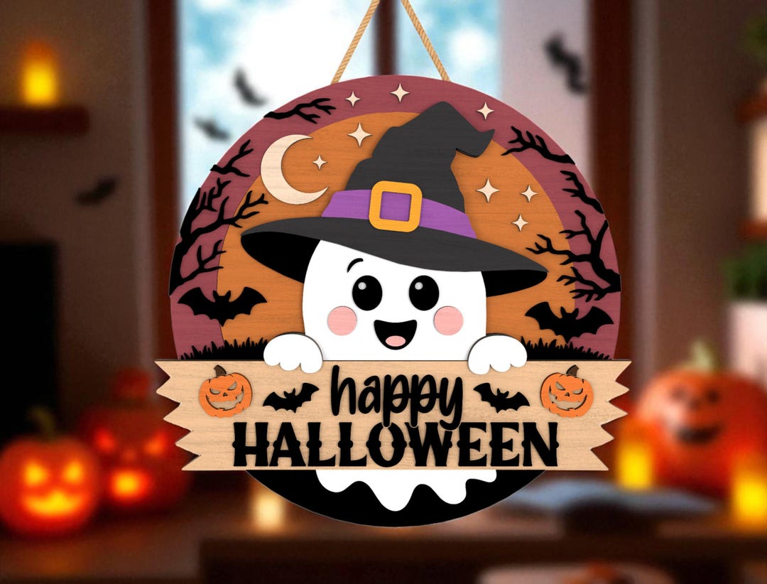 Happy Halloween Door Hanger Cut File Svg, Cute Ghost Witch Sign Svg ...