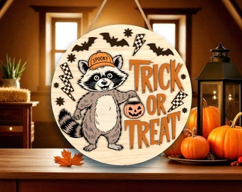 Raccoon Trick or Treat Door Hanger Svg, Cute Halloween Animal Sign Svg, Spooky Forest Decor,Halloween Glowforge Files, Halloween Decor