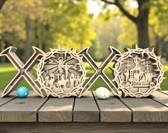 Religious Easter Bundle SVG, Faith XOXO Church, Resurrection Nativity Scene, 3D Christian Wood Decor, Laser Cut File for Glowforge Cricut