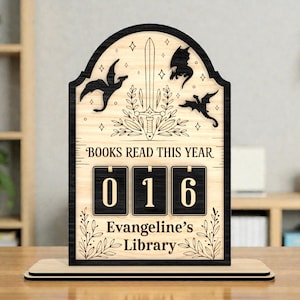 Dragon Book Tracker SVG, Fantasy Library Sign, Sword Reading Goal, Books Read Counter, Laser Cut File, Glowforge xTool Cricut, RPG Gift image 2