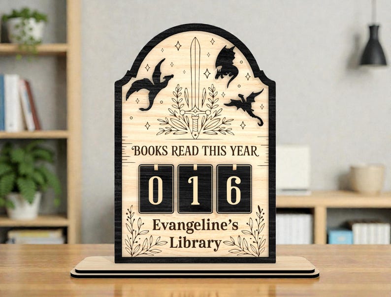 Dragon Book Tracker SVG, Fantasy Library Sign, Sword Reading Goal, Books Read Counter, Laser Cut File, Glowforge xTool Cricut, RPG Gift image 2