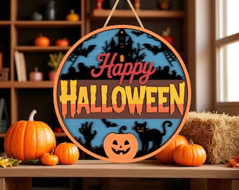 Happy Halloween Haunted House Sign Svg,Halloween Door Hanger Laser Cut File Svg, Black Cat Pumpkin and Bat Round Svg,Spooky Front Door Decor