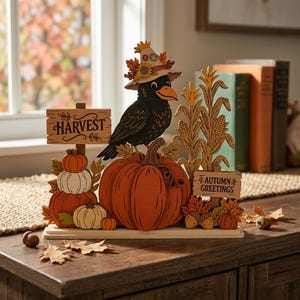 May include: A wooden tabletop decoration featuring a black crow wearing a hat with autumn leaves, perched on a large orange pumpkin. The display includes stacked pumpkins, corn stalks, and two signs with the text HARVEST and AUTUMN GREETINGS.