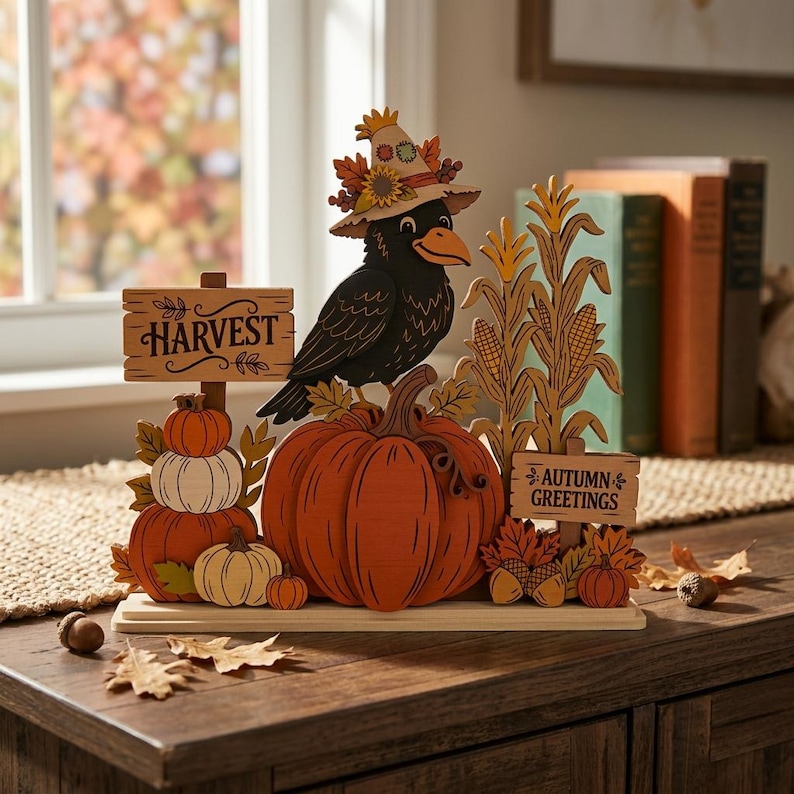 May include: A wooden tabletop decoration featuring a black crow wearing a hat with autumn leaves, perched on a large orange pumpkin. The display includes stacked pumpkins, corn stalks, and two signs with the text HARVEST and AUTUMN GREETINGS.