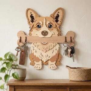 Corgi hundnyckelhållare SVG, Pembroke Welsh Corgi väggnyckelställ laserskuren fil, valpkoppelorganisatör, trädekor för husdjur
