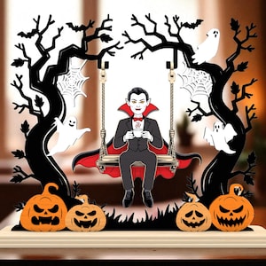 Halloween Dracula Swing 3D SVG, Spooky Ghost Pumpkin Scene, Layered Laser Cut Halloween Table Decor File Laser cut