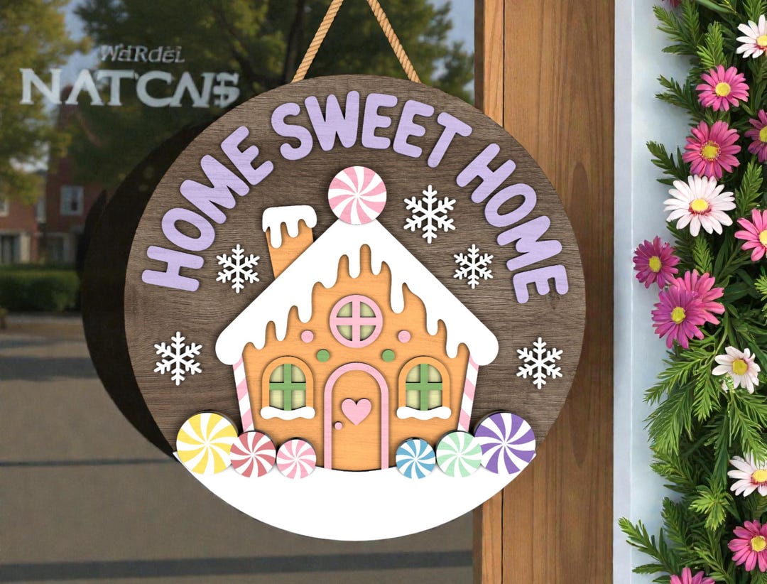 Gingerbread House Round Sign SVG, Home Sweet Home Christmas Door Hanger ...