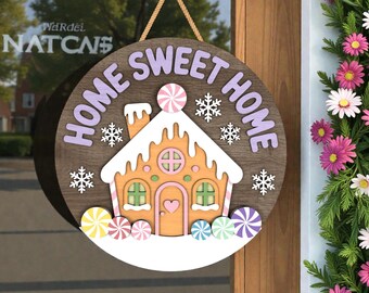 Gingerbread House Round Sign SVG, Home Sweet Home Christmas Door Hanger, Candy Cane Decor Laser Cut File, Winter Glowforge xTool Cricut