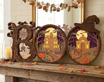 Halloween BOO Sign Multilayer SVG, Haunted Mansion Laser Cut File, Witchy Layered Wood Decor, Spooky Home Display