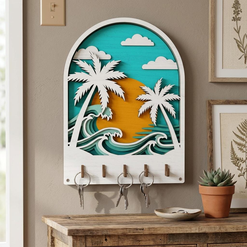 Beach Key Rack Tropical Beach Key Holder SVG, Palm Tree Sunset Ocean Wall Key Rack ...