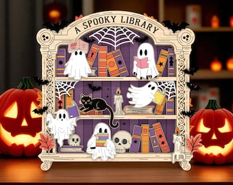 Bookish Ghost Layered Svg,Halloween Ghost Bookshelf Stand Decor Svg,  Cute Spooky BooRS  Laser Cut Svg, Ghost Reading Svg, Glowforge Svg