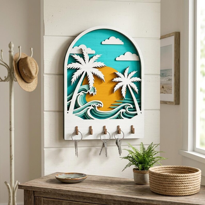 Beach Key Rack Tropical Beach Key Holder SVG, Palm Tree Sunset Ocean Wall Key Rack ...
