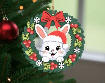 Christmas Bunny Wreath Laser Cut File Svg, Layered Christmas Ornament Svg, Cute Rabbit Ornament Svg, Holiday Wreath Svg, Winter Decoration