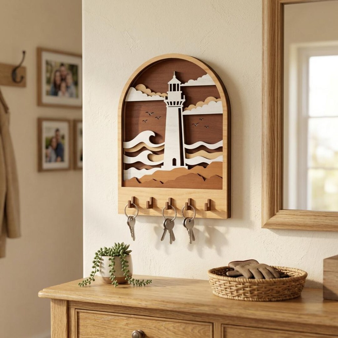 Lighthouse Coastal Key Holder SVG, Nautical Ocean Wall Key Rack Laser ...