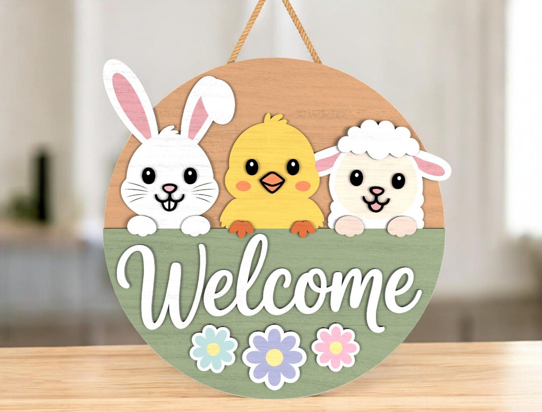 Welcome Easter SVG, Bunny Chick Lamb Round Sign, Cute Easter Door ...