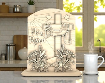 He Is Risen Easter Sign SVG, Religious Cross Lily Wooden Decor Laser Cut File Svg, Glowforge xTool Cricut, Christian Resurrection Table Art