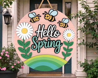 Hello Spring Bee Door Hanger  Laser Cut File SVG, Daisy Flower Round Sign SVG, Layered Spring Porch Decor ,Glowforge Cricut xTool