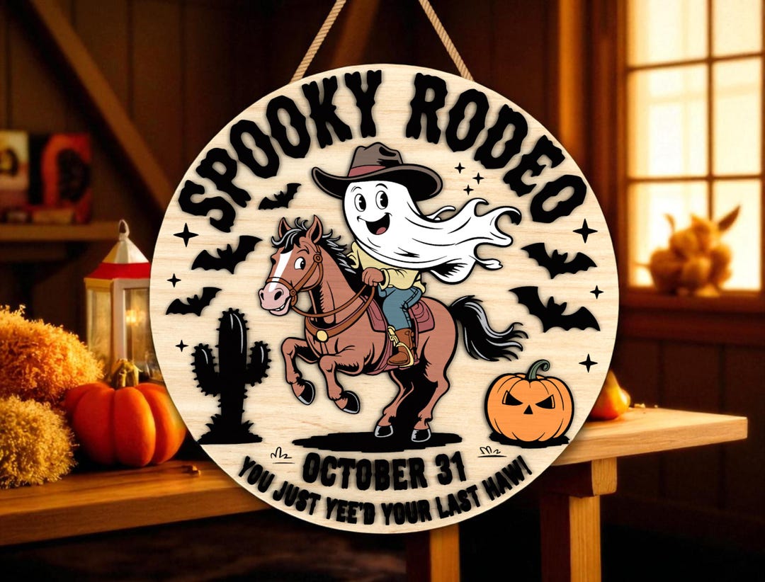Spooky Rodeo Door Hanger Cut File Svg, Cowboy Ghost Riding Horse Sign ...