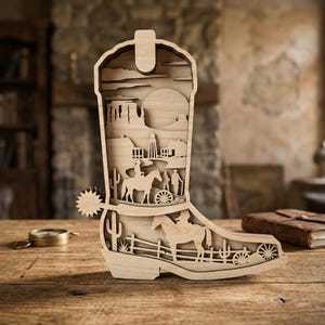 Cowboy Boot Multilayer SVG, 3D Western Desert Scene Laser Cut File, Cowboy Rider Wood Wall Art, Glowforge xTool Digital Design