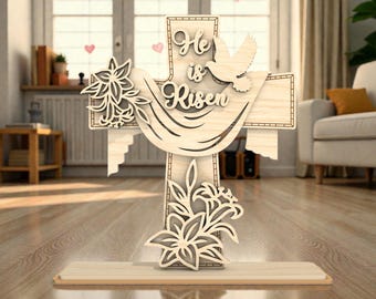 Il est ressuscité croix fichier SVG, Svg de lys colombe de Pâques, signe de la résurrection, Glowforge xTool Cricut, bois stratifié 3D, cadeau chrétien