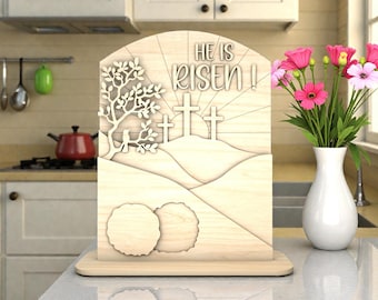 He Is Risen Easter Sign SVG, Religious Empty Tomb Wooden Decor Laser Cut File Svg, Glowforge xTool Cricut, Christian Resurrection Table Art