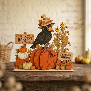 May include: A decorative wooden cutout featuring a black crow wearing a patterned hat, perched on a large orange pumpkin. The scene includes stacks of smaller pumpkins, stalks of corn, and two signs with the text HARVEST and AUTUMN GREETINGS.