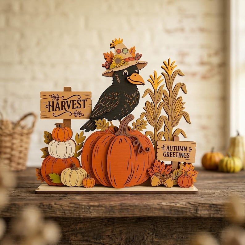 May include: A decorative wooden cutout featuring a black crow wearing a patterned hat, perched on a large orange pumpkin. The scene includes stacks of smaller pumpkins, stalks of corn, and two signs with the text HARVEST and AUTUMN GREETINGS.