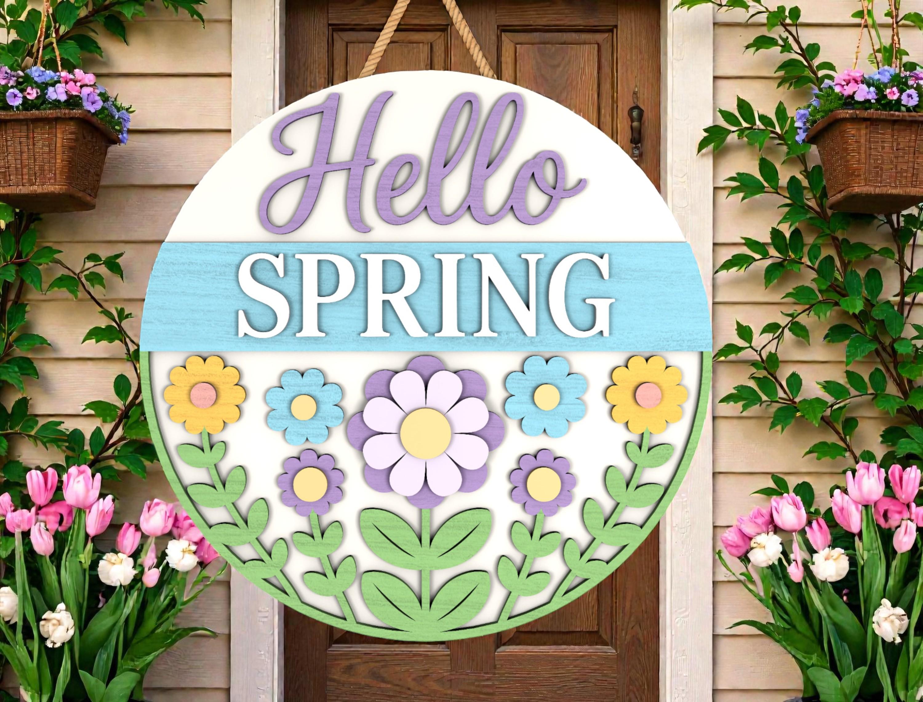 Hello Spring Round Sign Laser Cut File Svg, Layered Floral Door Hanger ...