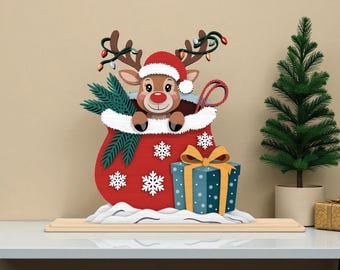 Reindeer in Christmas Bag SVG, Cute 3D Layered Christmas Deer Laser Cut File, Holiday Gift Bag Glowforge SVG, Christmas Table Decor CNC File